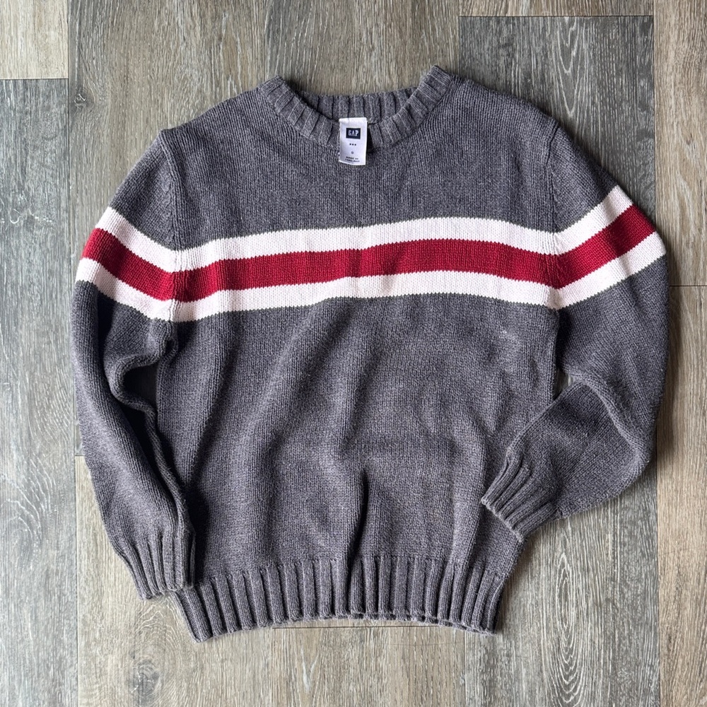 GAP Gray Crewneck Sweater with Red & White Stripes